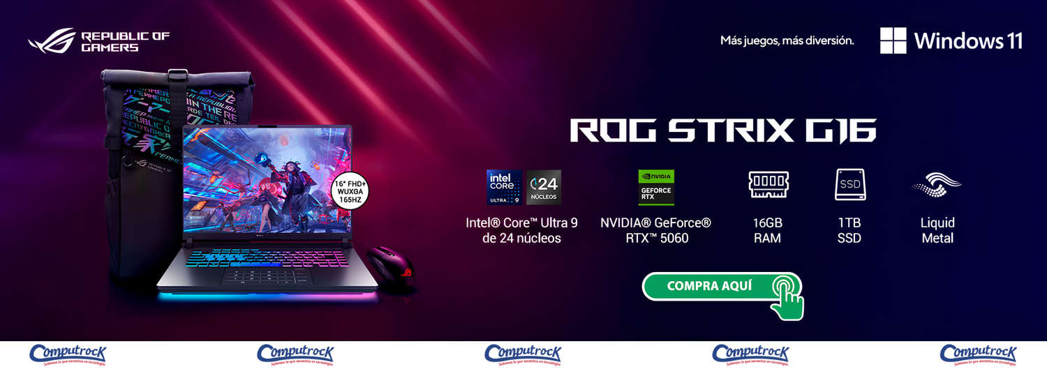 ASUS ROG Strix G16 con Intel Core Ultra 9 de 24 núcleos, NVIDIA GeForce RTX 5060, 16GB RAM y 1TB SSD. Compra aquí.